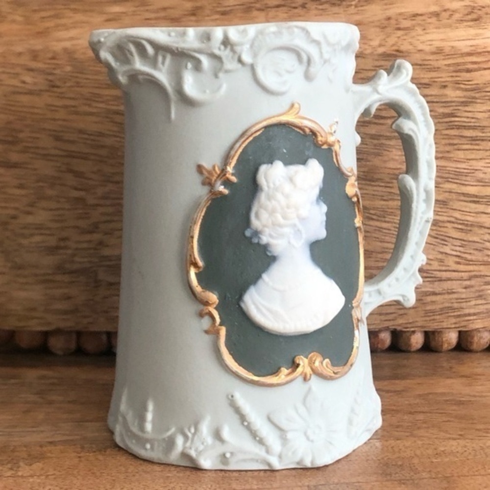 Antique Schafer & Vater Green Jasperware Cameo Creamer Pitcher Made in Germany